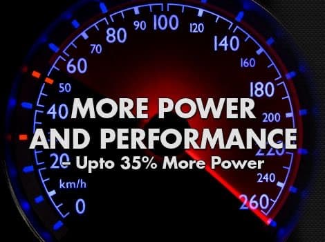 Speedometer graphic with text: More performance, more power, up to 35% improvement