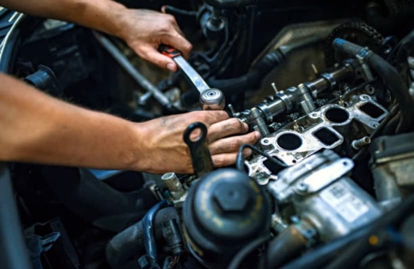 Mechanic fixing a car engine with a wrench inside the engine compartment at Handy Speedy Workshop in Hull