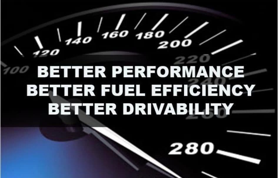 Speedometer displaying text: Better performance, better fuel efficiency, better drivability